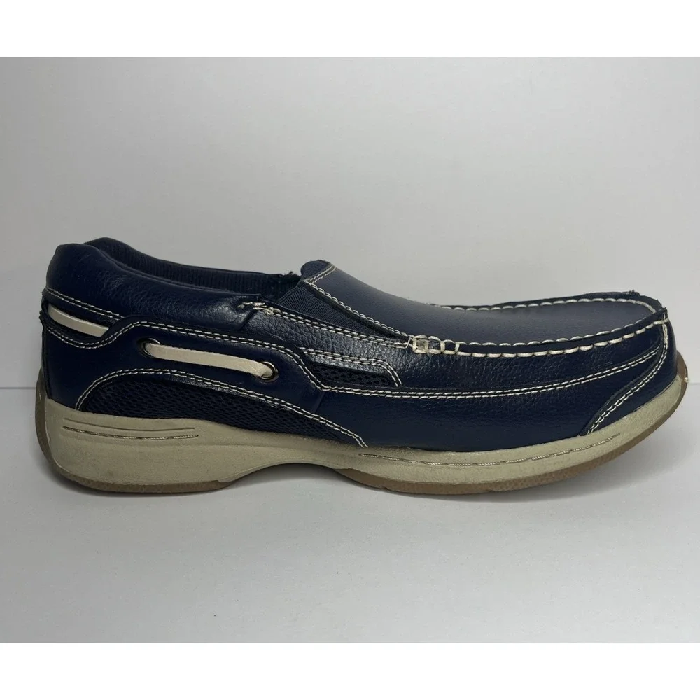 Dr Scholls Navy Blue Leather Slip On Loafers Mens 9 3E Wide Boat Shoes 42J-03